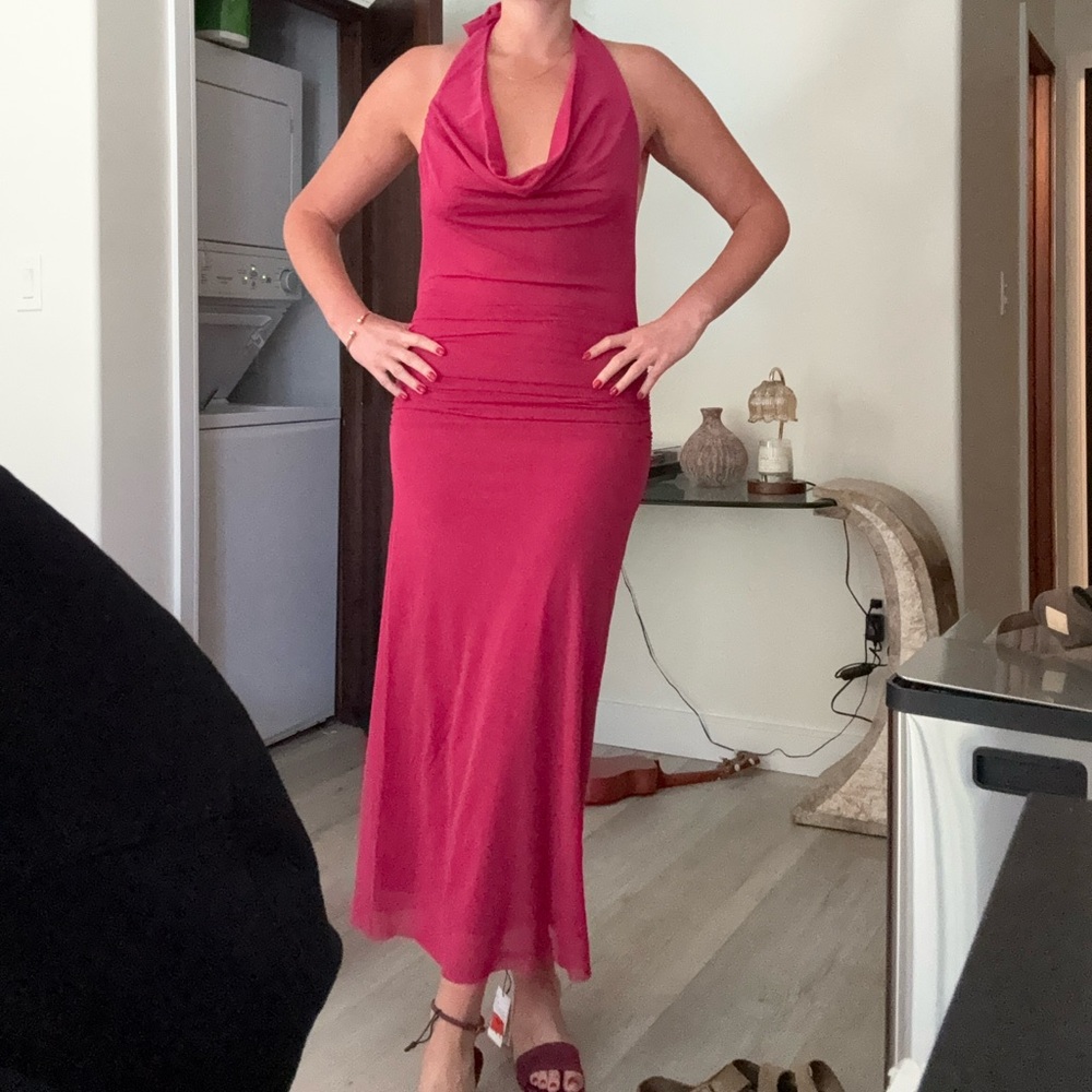 Zara mauve fuschia pink cowl neck backless formal wedding guest dress